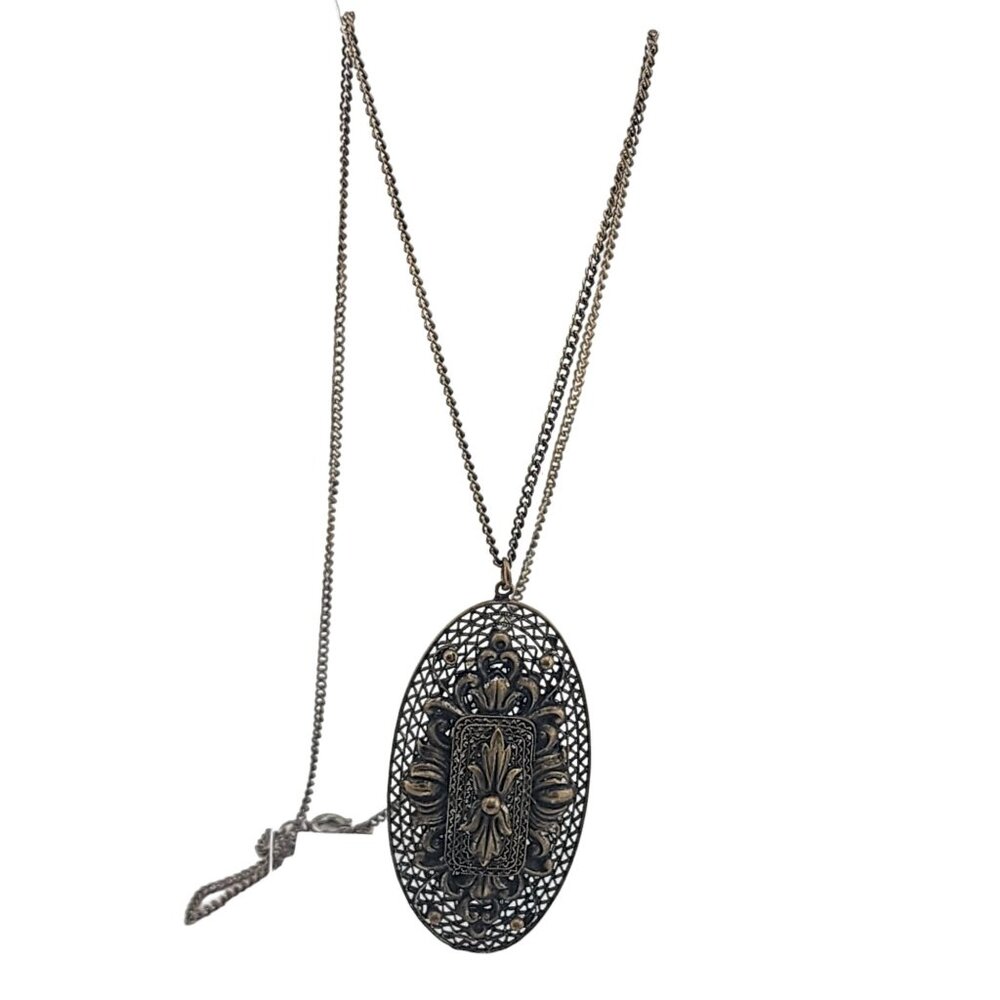 Vintage Elaborate Signed Czechoslovakia Layered Brass Pendant Necklace (A3491)